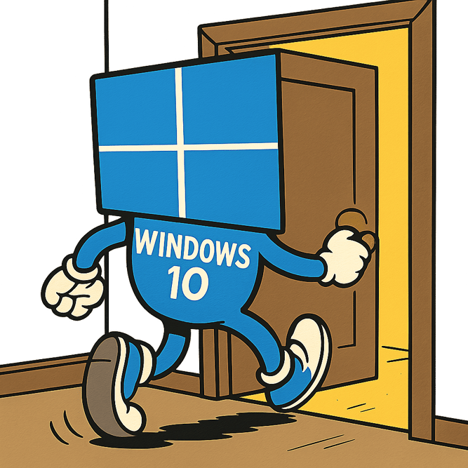 comical graphic of windows 10 as a character leaving a room