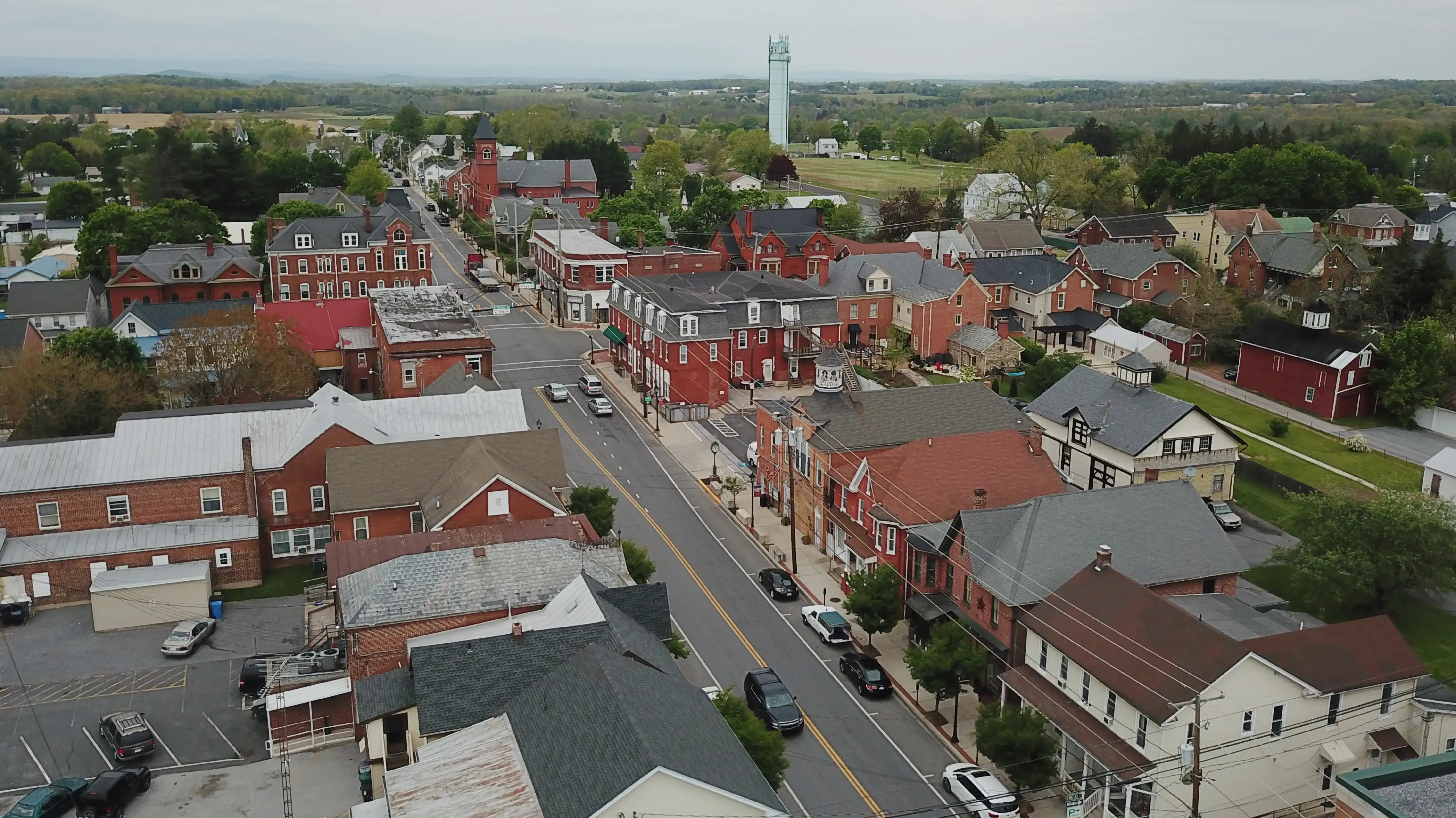 An overhead photo of s small town