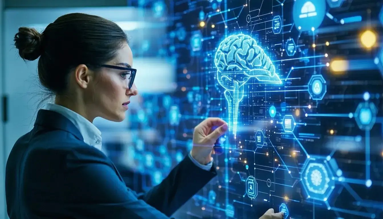 A businessperson analyzing complex AI systems