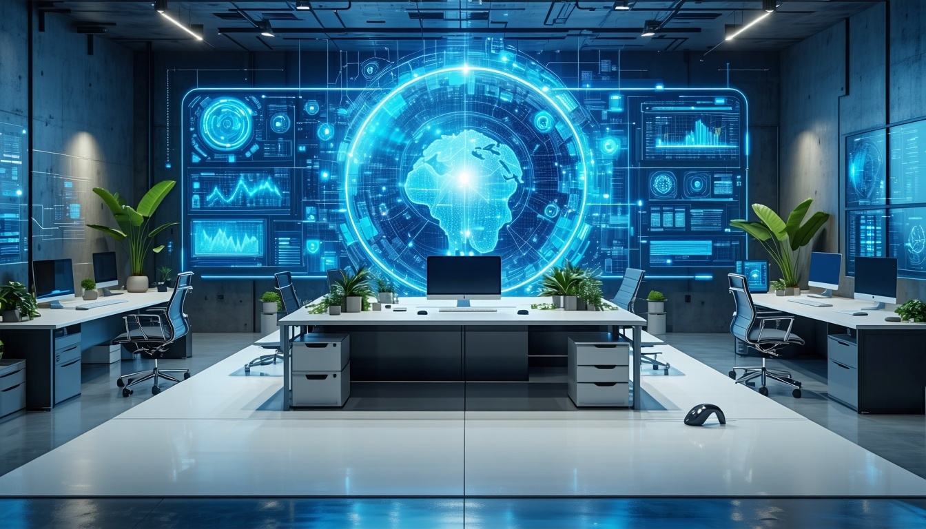 A futuristic office setting where humans and AI ar