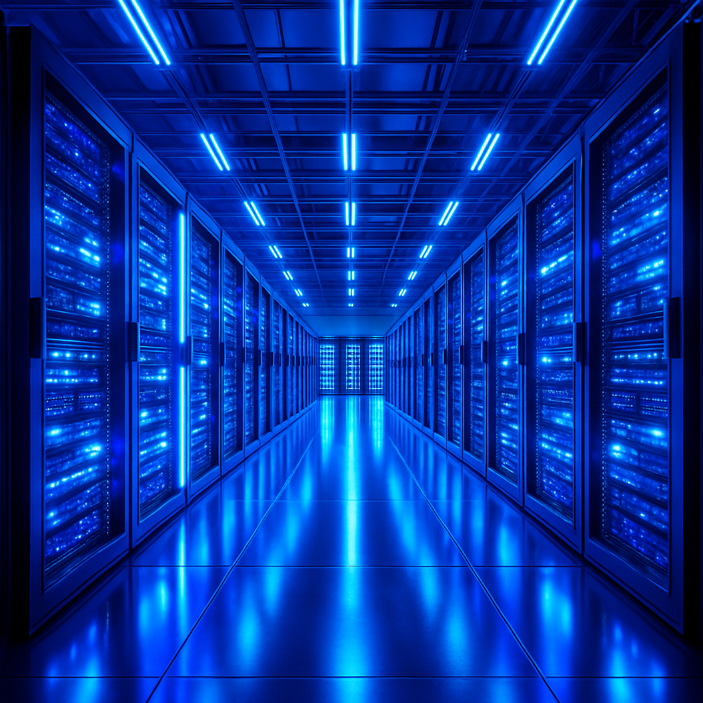 A vibrant, state-of-the-art data center illuminate